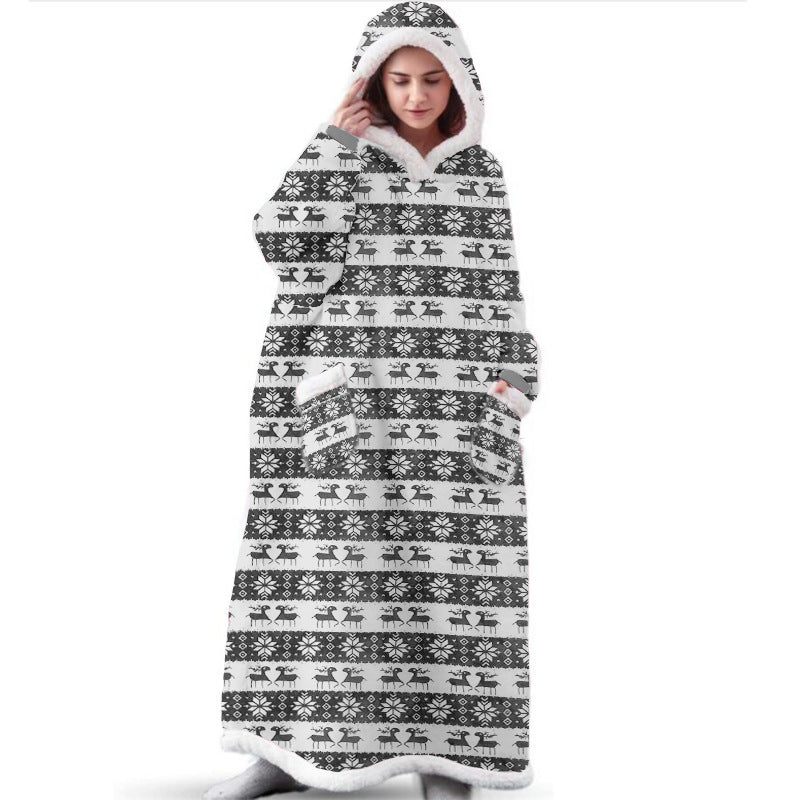 Christmas Hoodie Warm Long Elk Print Blanket